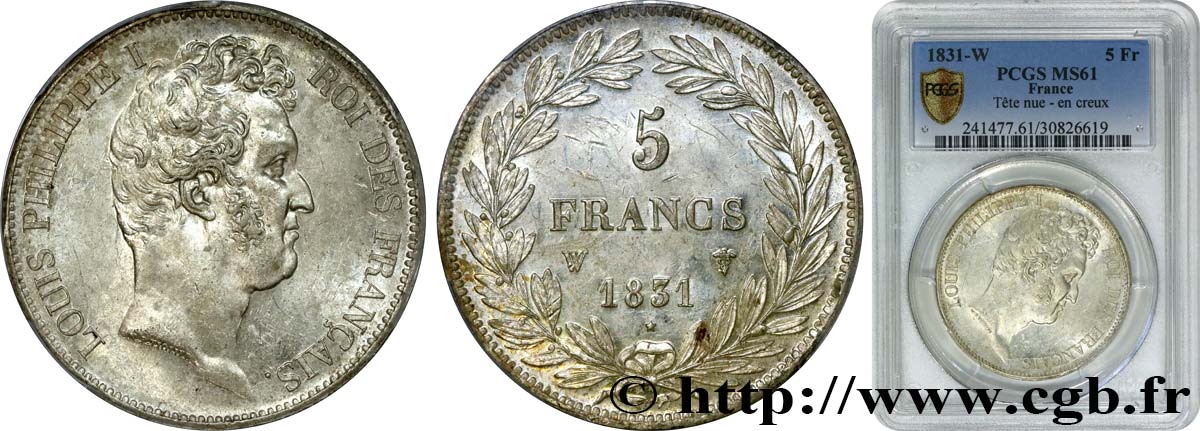 5 francs type Tiolier avec le I, tranche en creux 1831 Lille F.315/27 EBC61 PCGS