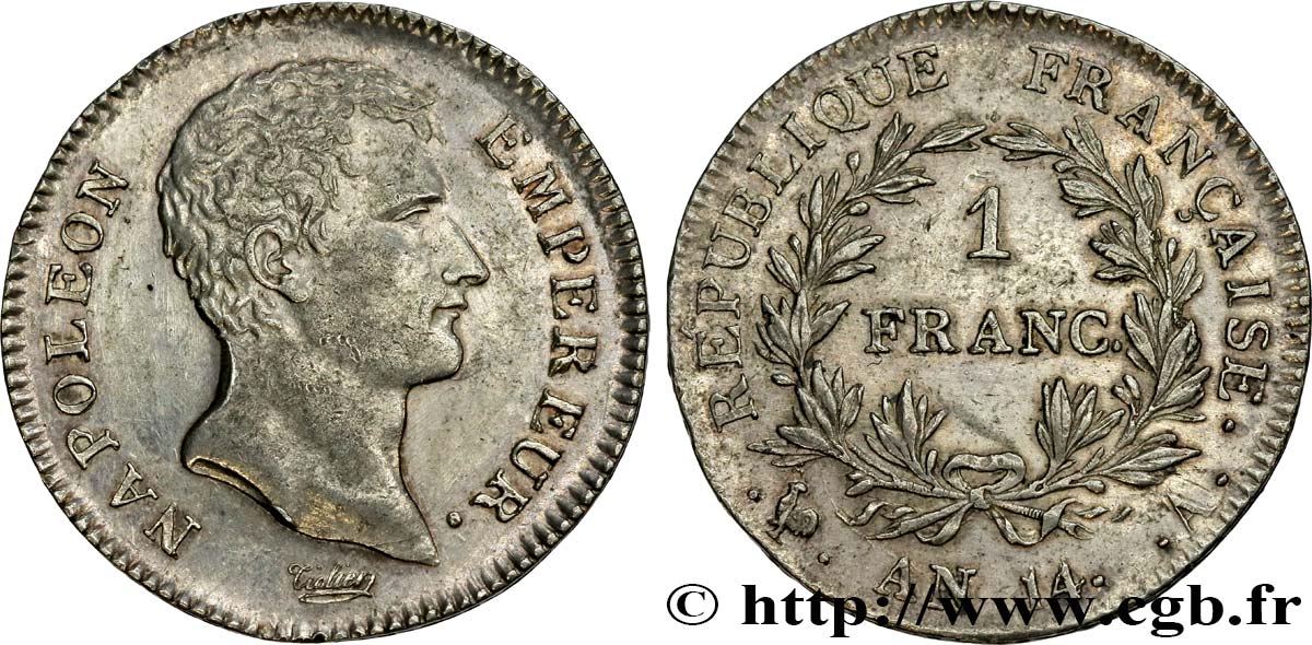 1 franc Napoléon Empereur, Calendrier révolutionnaire 1805 Paris F.201/29 AU53 