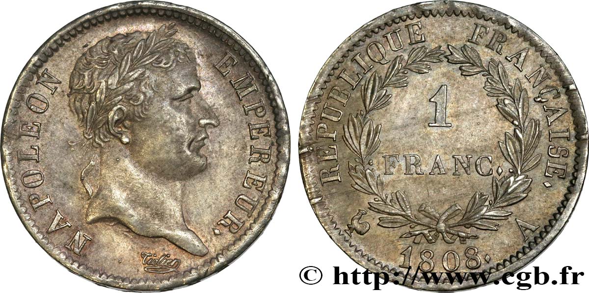 1 franc Napoléon Ier tête laurée, République française 1808 Paris F.204/2 MS63 