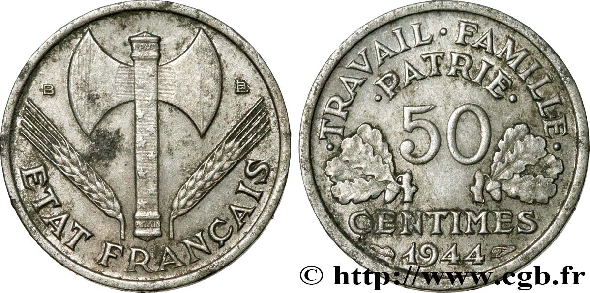 50 centimes Francisque, légère 1944 Beaumont-Le-Roger F.196/5 BC35 