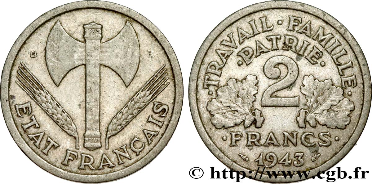 2 francs Francisque 1943 Beaumont-Le-Roger F.270/3 SS40 