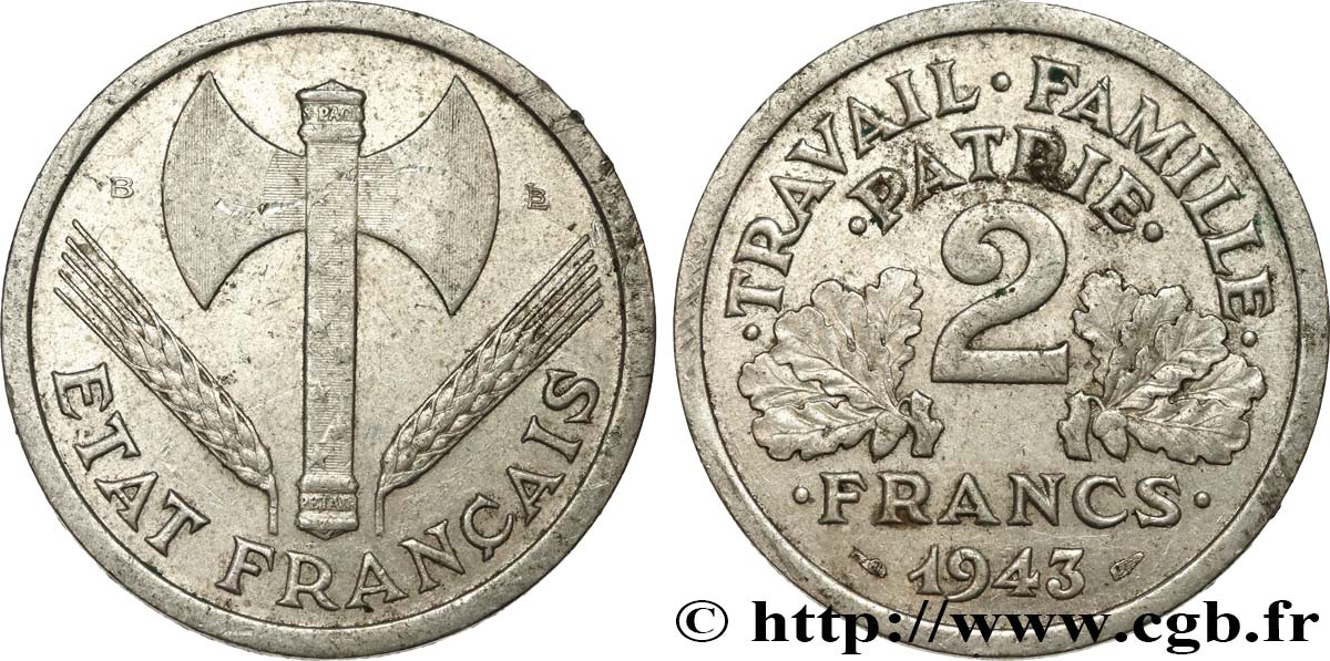 2 francs Francisque 1943 Beaumont-Le-Roger F.270/3 XF 