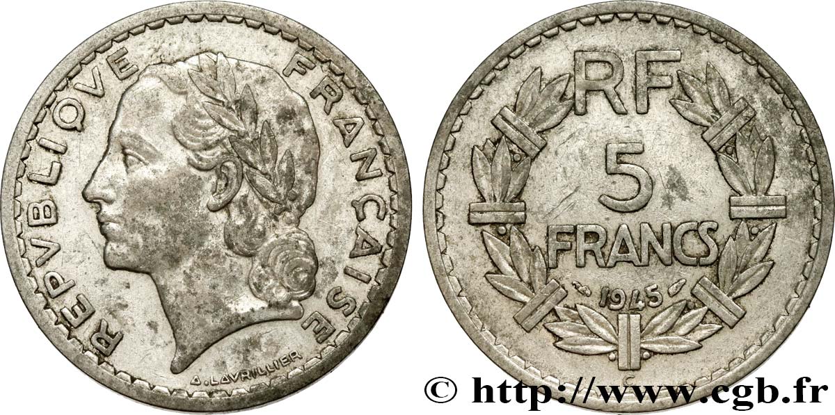 5 francs Lavrillier, aluminium 1945 Castelsarrasin F.339/5 TB35 
