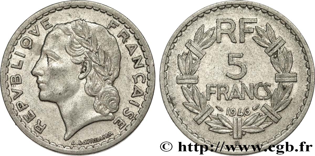 5 francs Lavrillier, aluminium 1946 Beaumont-Le-Roger F.339/7 TTB45 