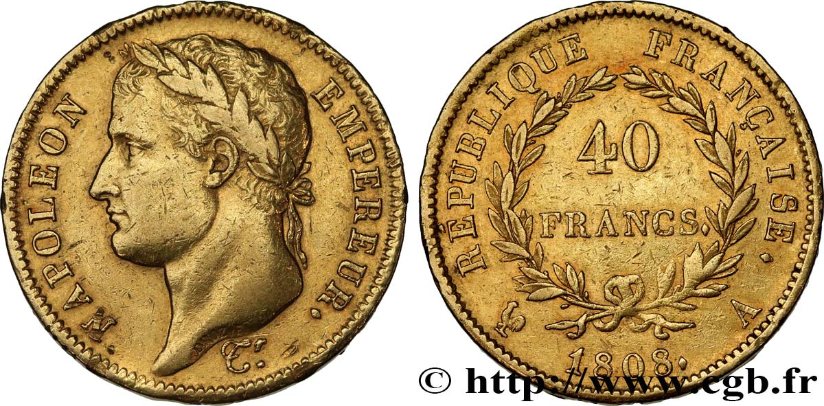 40 francs or Napoléon Ier tête laurée, République française 1808 Paris F.540/2 XF40 