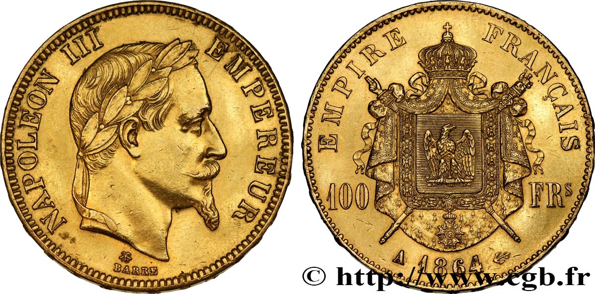 100 francs or Napoléon III, tête laurée 1864 Paris F.551/4 fVZ 