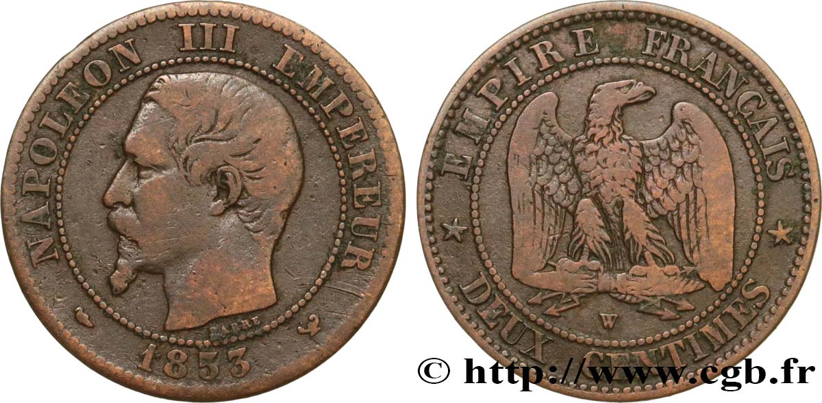 Deux centimes Napoléon III, tête nue 1853 Lille F.107/8 BC20 