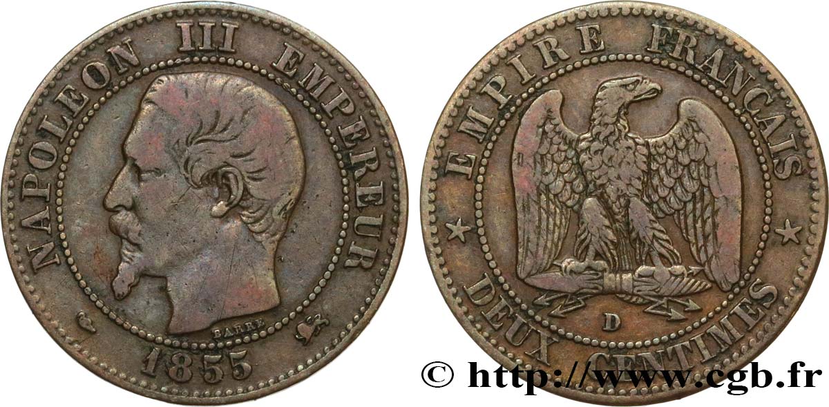 Deux centimes Napoléon III, tête nue 1855 Lyon F.107/29 S25 