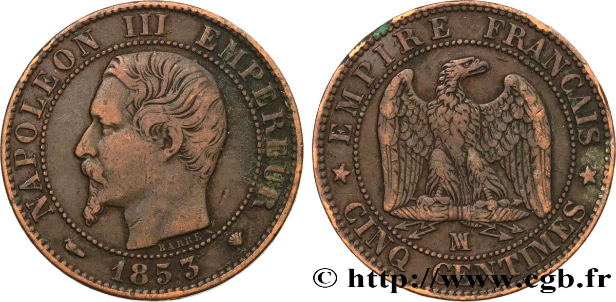 Cinq centimes Napoléon III, tête nue 1853 Marseille F.116/6 BC35 