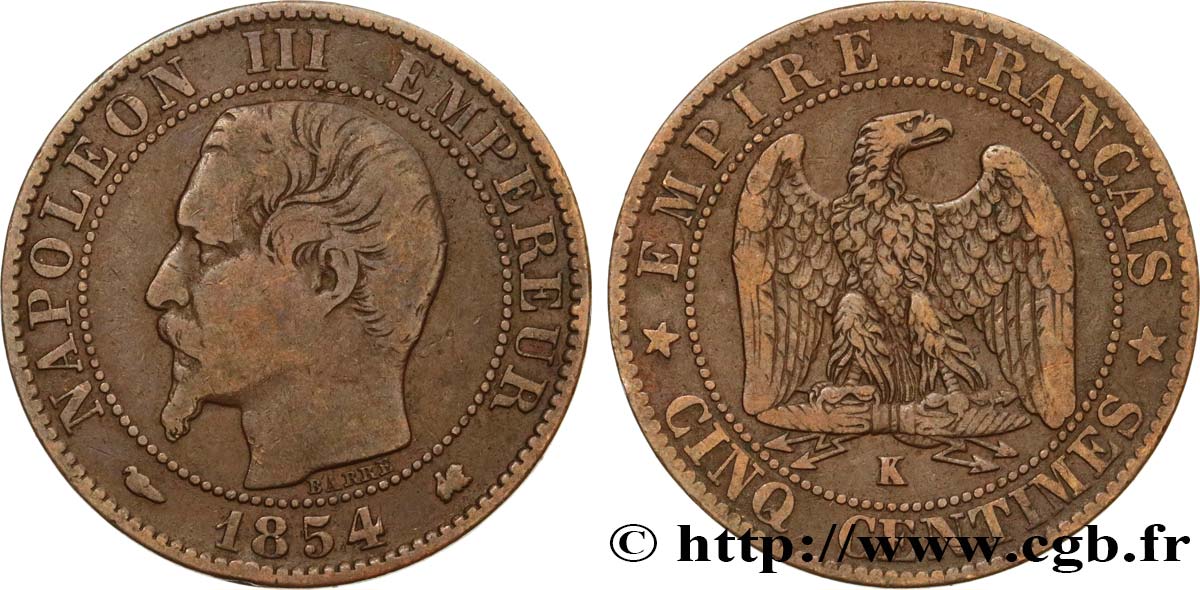Cinq centimes Napoléon III, tête nue 1854 Bordeaux F.116/13 VF30 