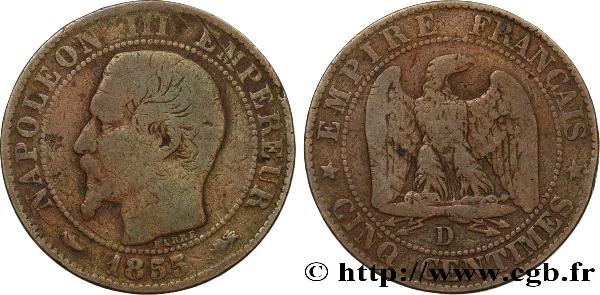 Cinq centimes Napoléon III, tête nue 1855 Lyon F.116/22 F15 