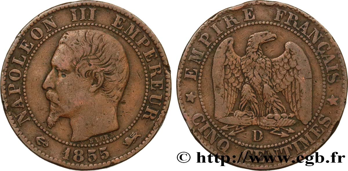 Cinq centimes Napoléon III, tête nue 1855 Lyon F.116/23 TB30 