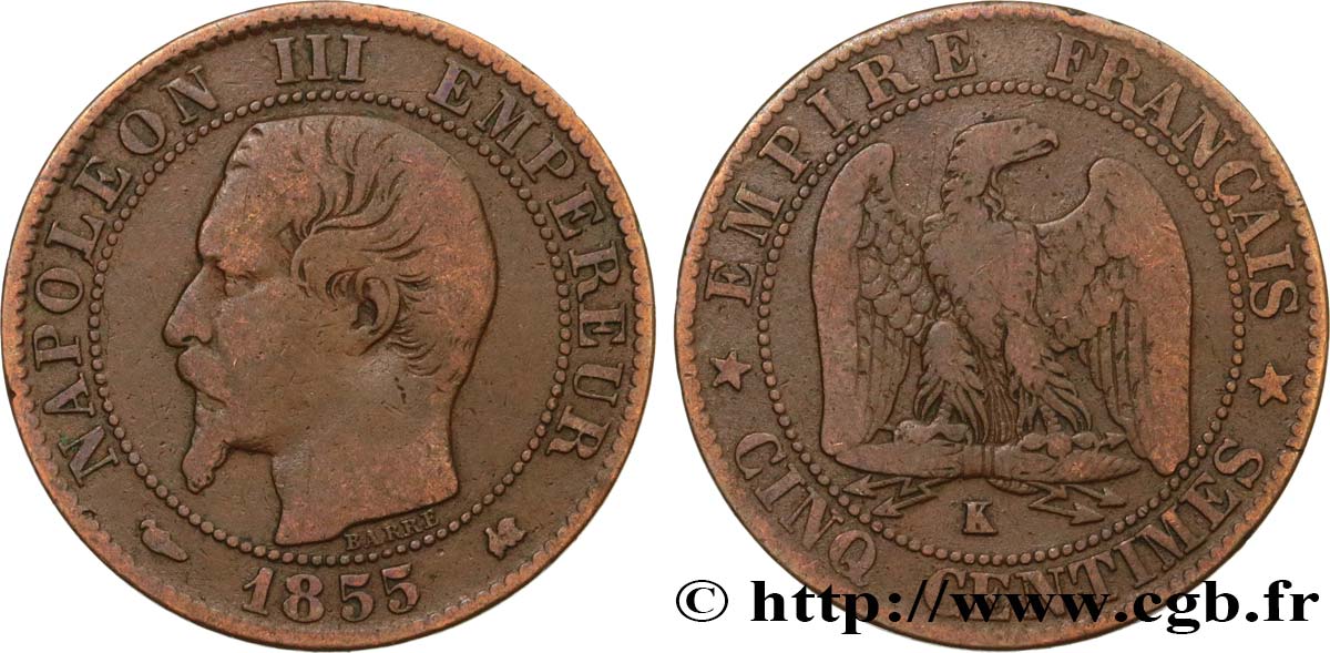 Cinq centimes Napoléon III, tête nue 1855 Bordeaux F.116/24 MB20 