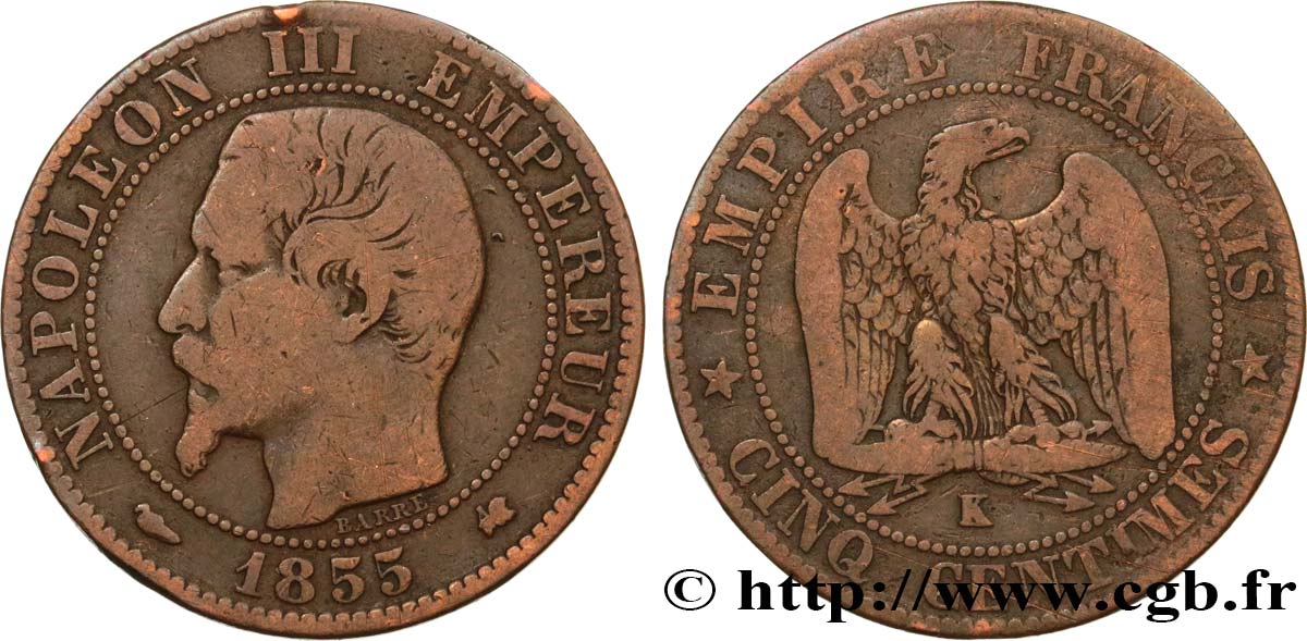 Cinq centimes Napoléon III, tête nue 1855 Bordeaux F.116/24 TB15 