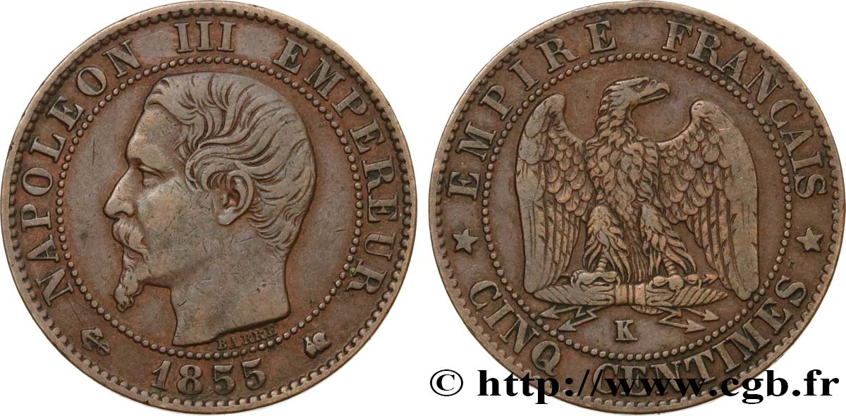 Cinq centimes Napoléon III, tête nue 1855 Bordeaux F.116/25 BB40 