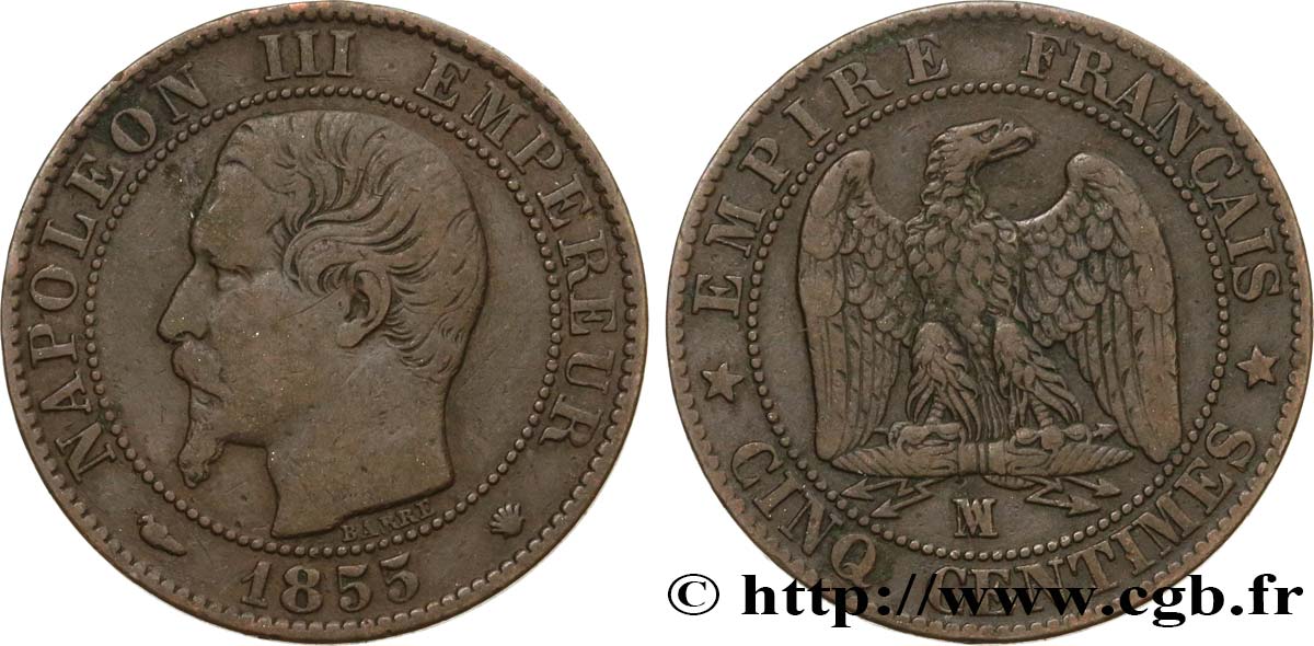 Cinq centimes Napoléon III, tête nue 1855 Marseille F.116/26 MB30 