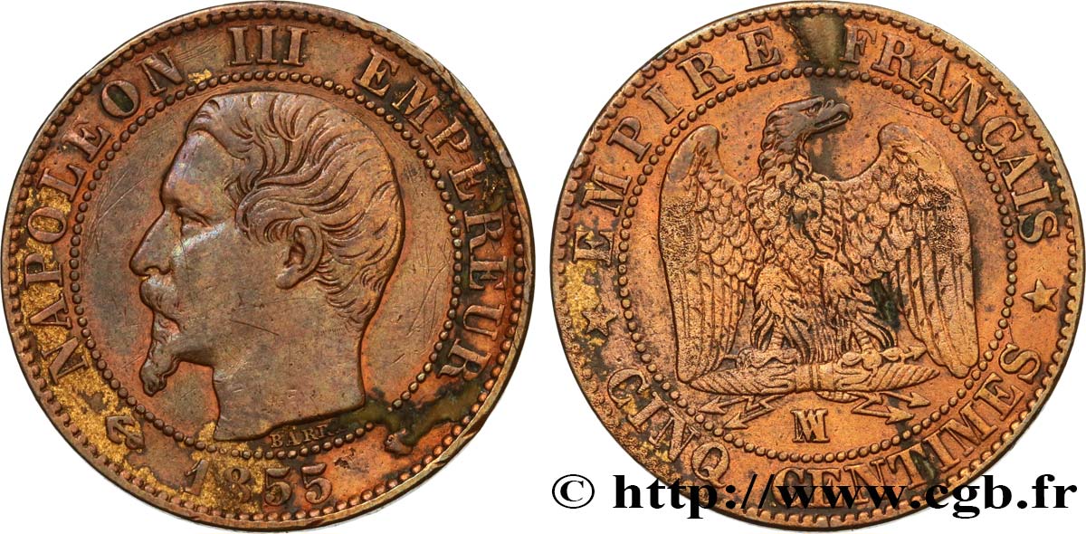 Cinq centimes Napoléon III, tête nue 1855 Marseille F.116/27 BB 