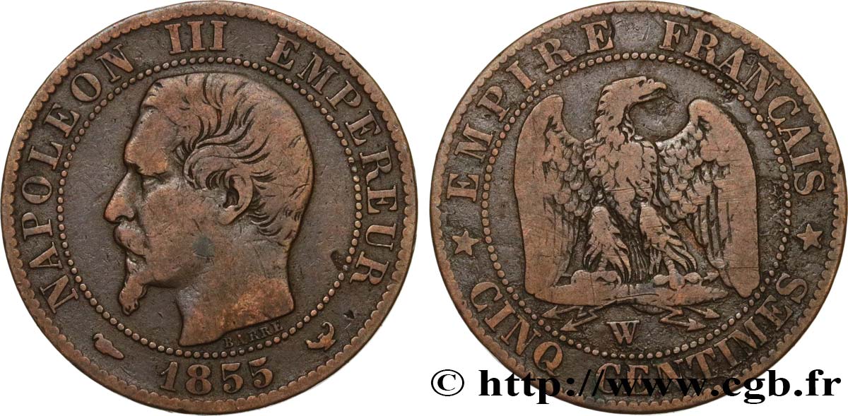 Cinq centimes Napoléon III, tête nue 1855 Lille F.116/28 VF20 