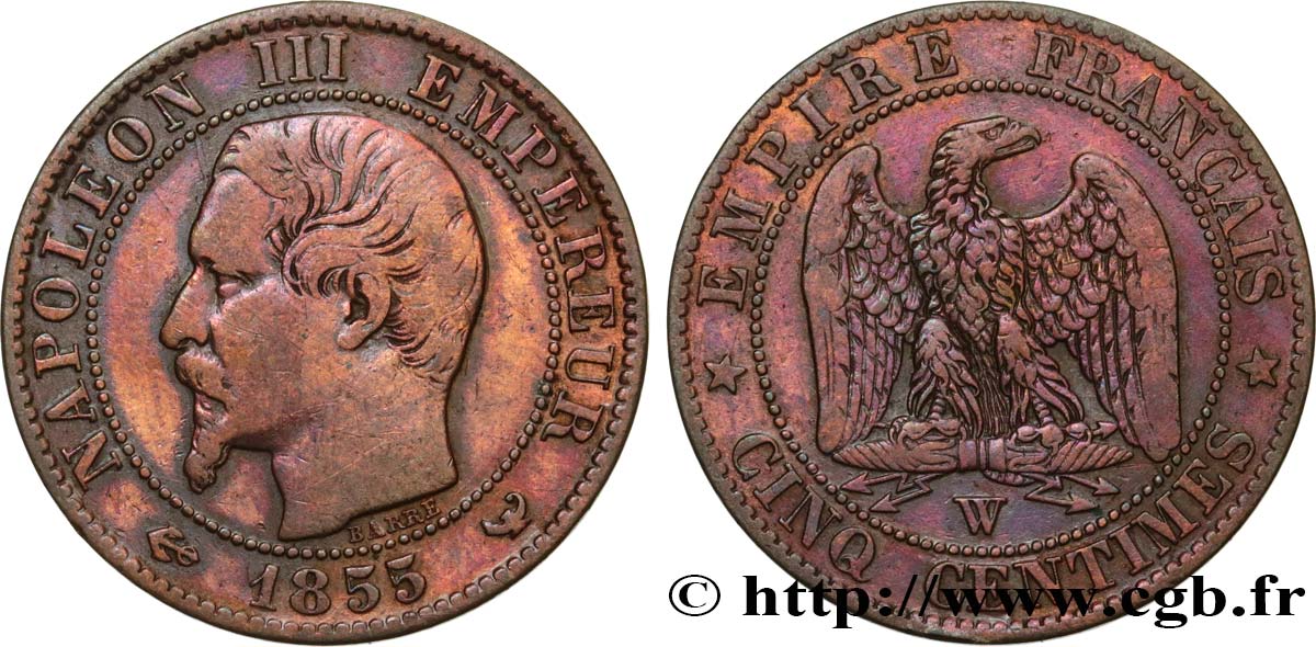 Cinq centimes Napoléon III, tête nue 1855 Lille F.116/29 VF35 