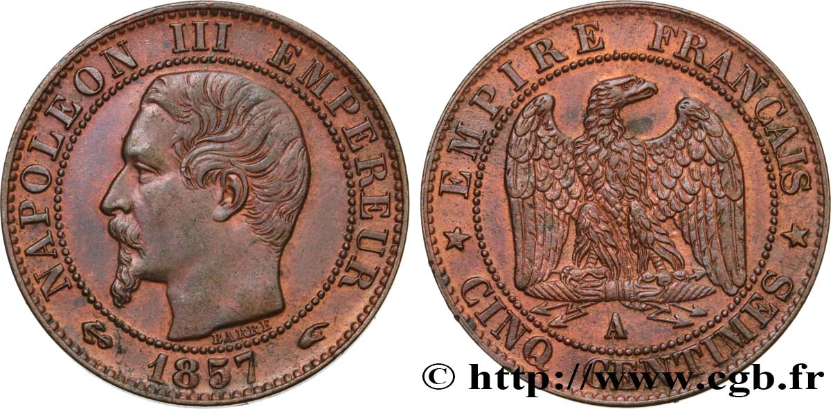 Cinq centimes Napoléon III, tête nue 1857 Paris F.116/37 TTB52 