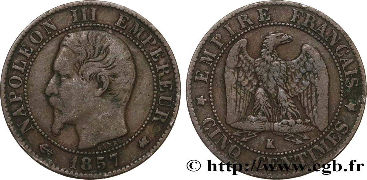 Cinq centimes Napoléon III, tête nue 1857 Bordeaux F.116/41 VF25 