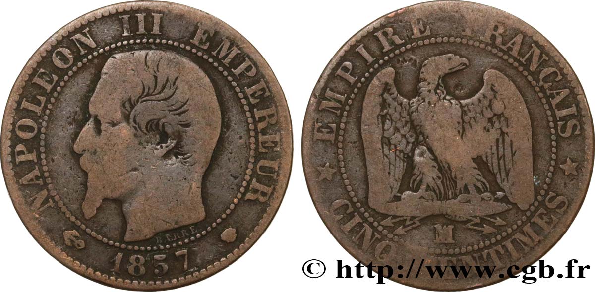 Cinq centimes Napoléon III, tête nue 1857 Marseille F.116/42 RC8 