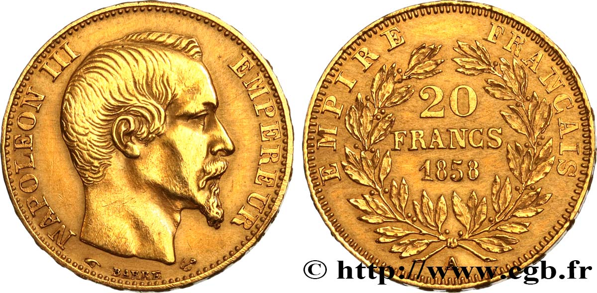 Faux de 20 francs or Napoléon III, tête nue, Montecatini 1858 Paris F.531/13 var. TTB 