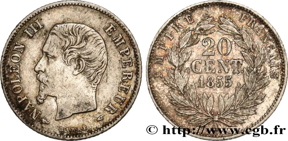 20 centimes Napoléon III, tête nue 1855 Paris F.148/3 VF 