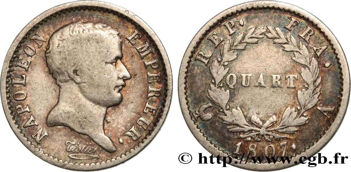 Quart (de franc) Napoléon Empereur, tête de nègre 1807 Paris F.160/1 MB20 