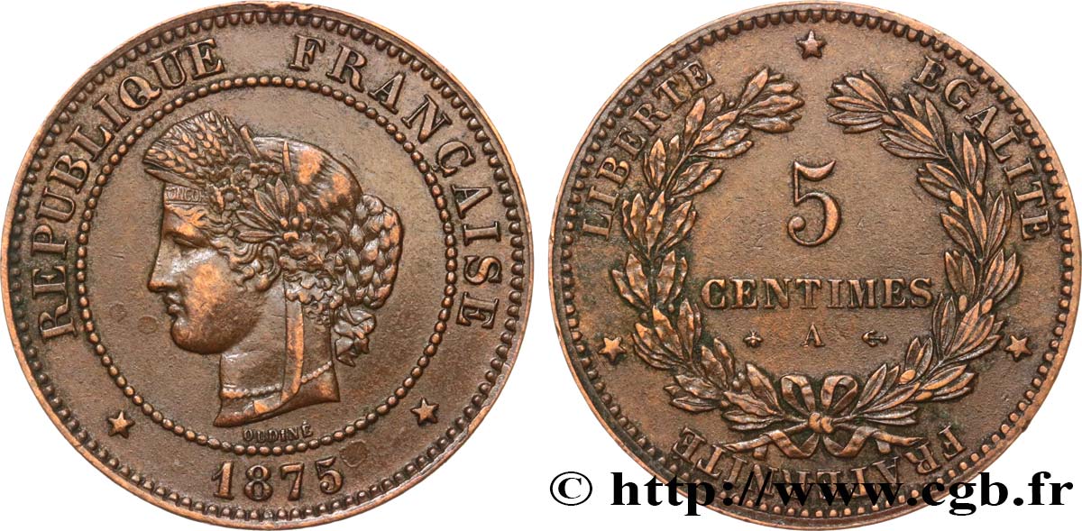 5 centimes Cérès 1875 Paris F.118/11 SS45 