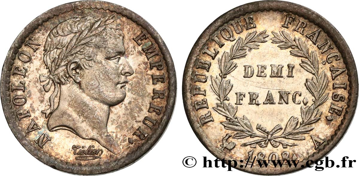 Demi-franc Napoléon Ier tête laurée, République française 1808 Paris F.177/2 VZ60 