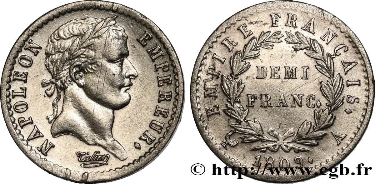 Demi-franc Napoléon Ier tête laurée, Empire français 1809 Paris F.178/1 fVZ 