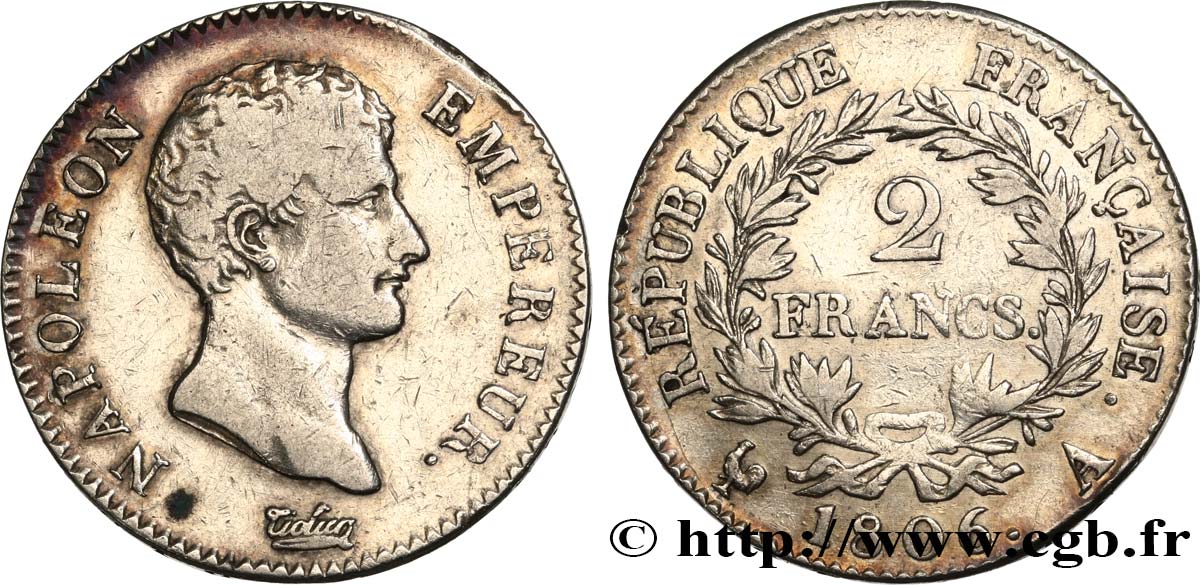 2 francs Napoléon Empereur, Calendrier grégorien 1806 Paris F.252/1 TB35 
