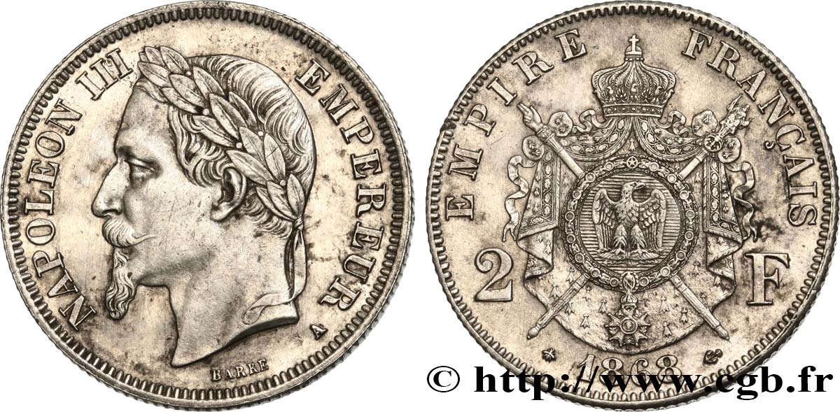 2 francs Napoléon III, tête laurée 1868 Paris F.263/8 AU 