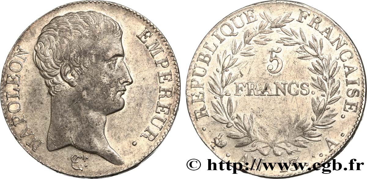 5 francs Napoléon Empereur, Calendrier révolutionnaire 1805 Paris F.303/2 AU50 