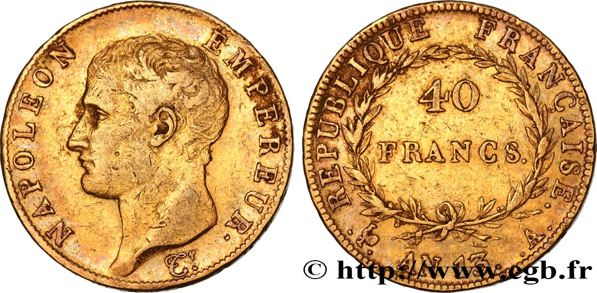 40 francs or Napoléon tête nue, Calendrier révolutionnaire 1805 Paris F.537/1 MBC42 