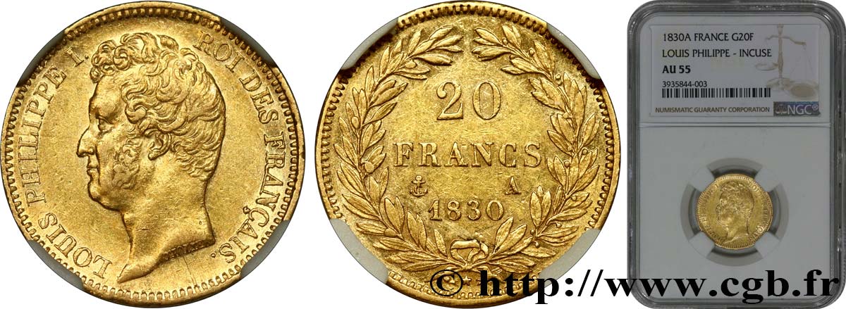 20 francs or Louis-Philippe, Tiolier, tranche inscrite en creux 1830 Paris F.524/1 AU55 NGC