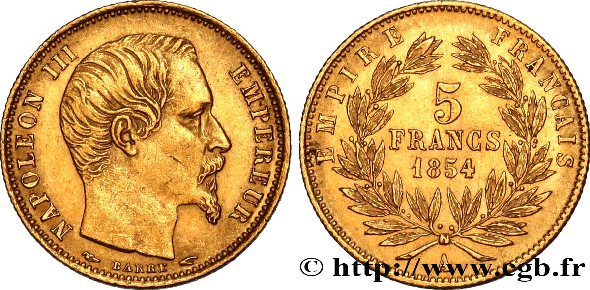 5 francs or Napoléon III, tête nue, petit module, tranche cannelée 1854 Paris F.500A/1 SPL60 