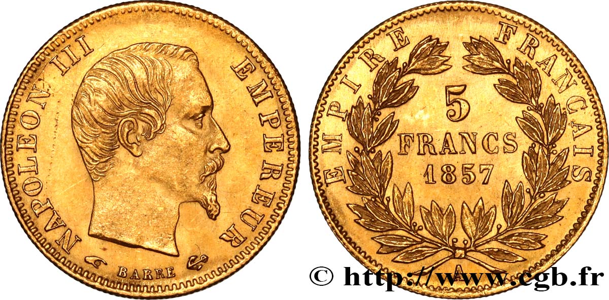 5 francs or Napoléon III, tête nue, grand module 1857 Paris F.501/4 EBC+ 