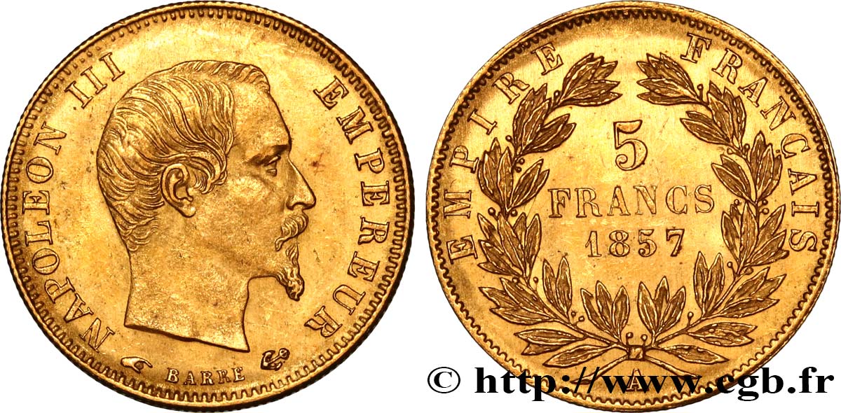 5 francs or Napoléon III, tête nue, grand module 1857 Paris F.501/4 VZ62 