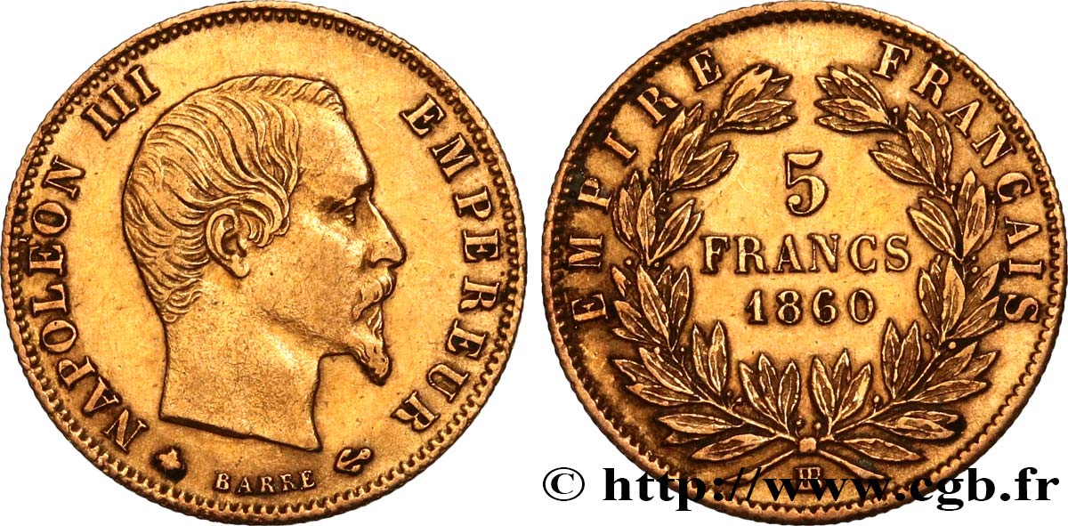5 francs or Napoléon III, tête nue, grand module 1860 Strasbourg F.501/13 BB 