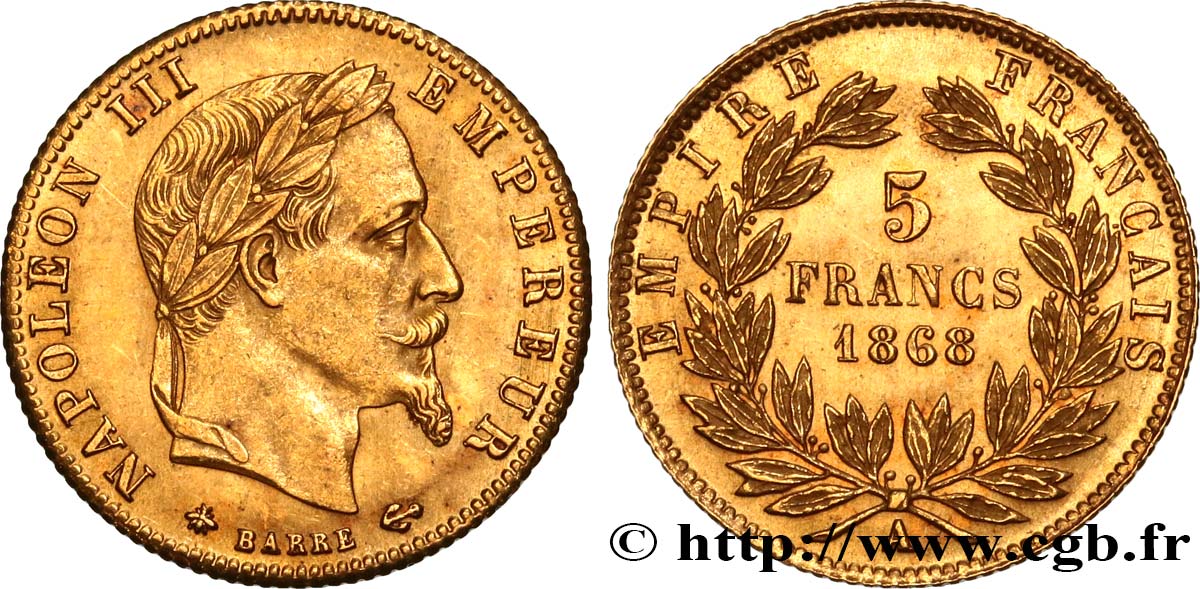 5 francs or Napoléon III, tête laurée 1868 Paris F.502/13 MS63 