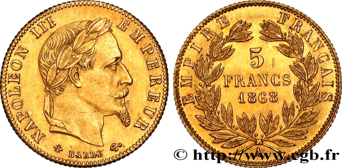 5 francs or Napoléon III, tête laurée 1868 Paris F.502/13 fST 