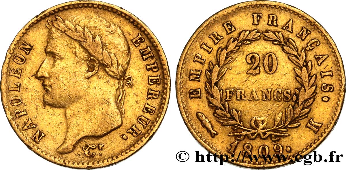 20 francs or Napoléon, tête laurée, Empire français 1809 Bordeaux F.516/3 MB35 