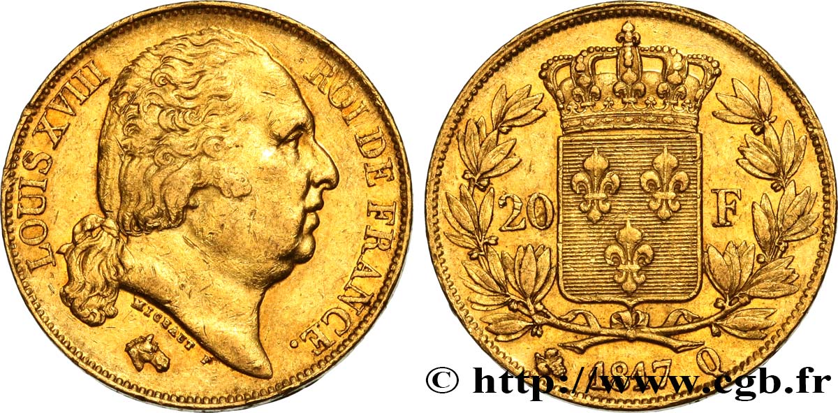 20 francs or Louis XVIII, tête nue 1817 Perpignan F.519/8 AU50 