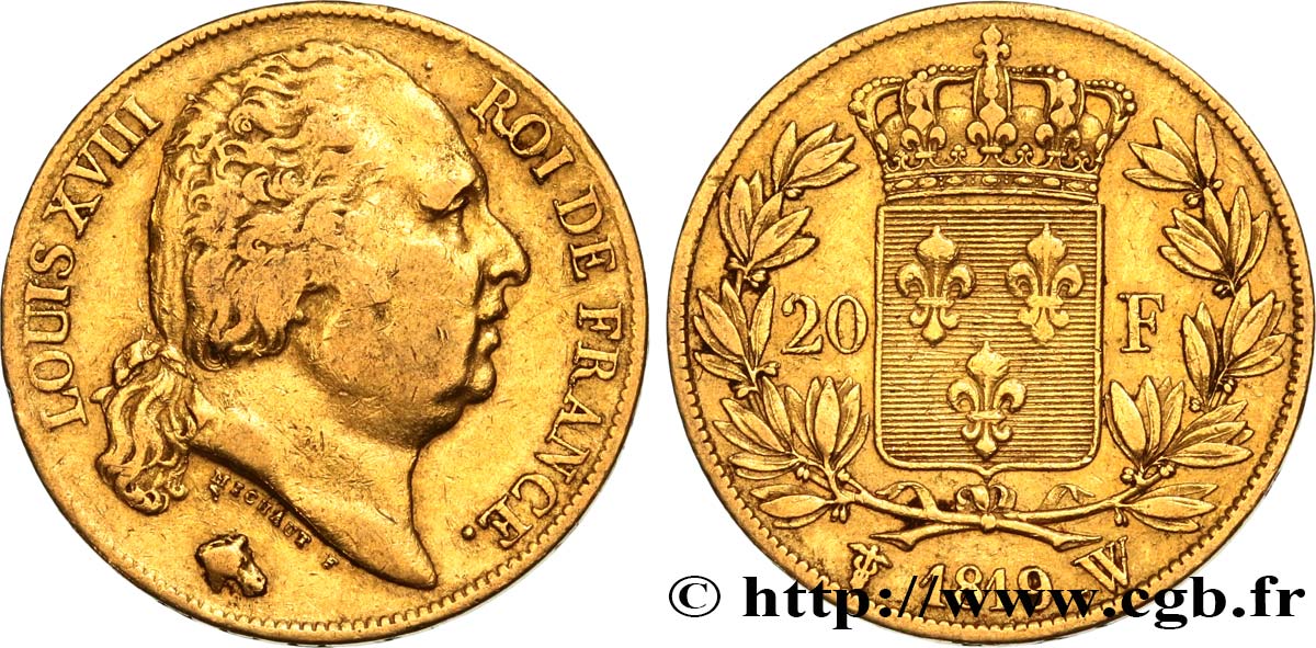 20 francs or Louis XVIII, tête nue 1819 Lille F.519/18 XF40 