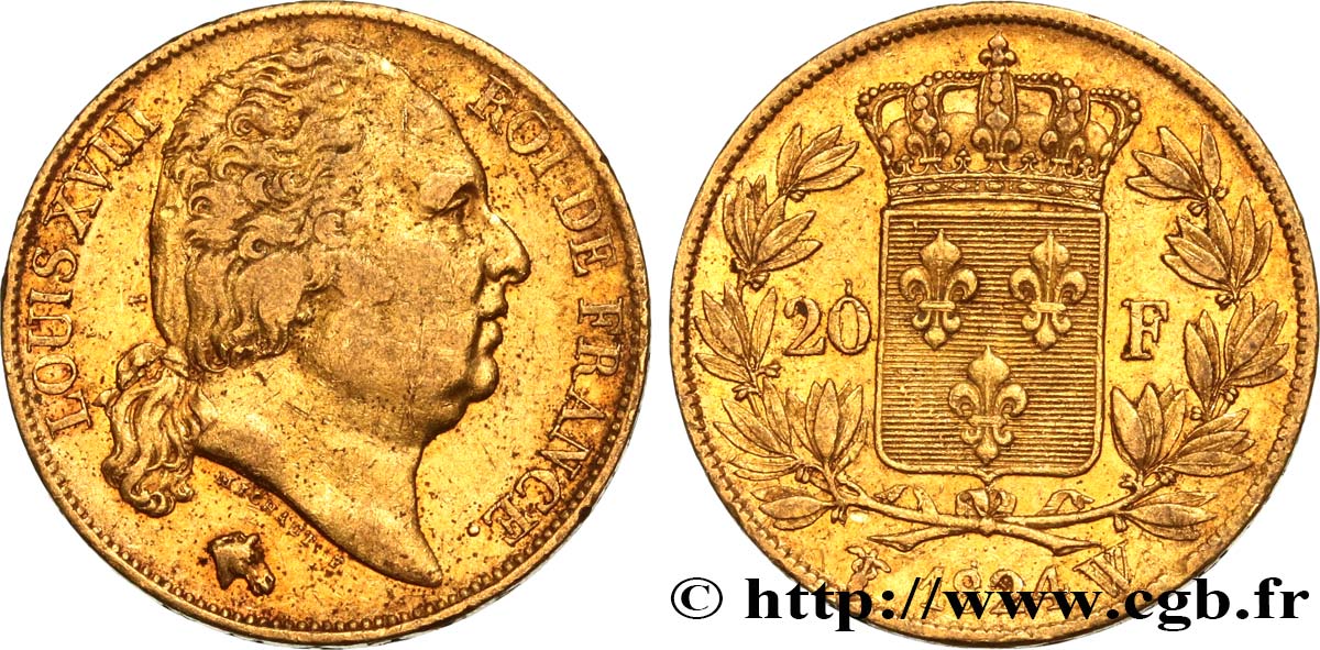 20 francs or Louis XVIII, tête nue 1824 Lille F.519/34 XF48 