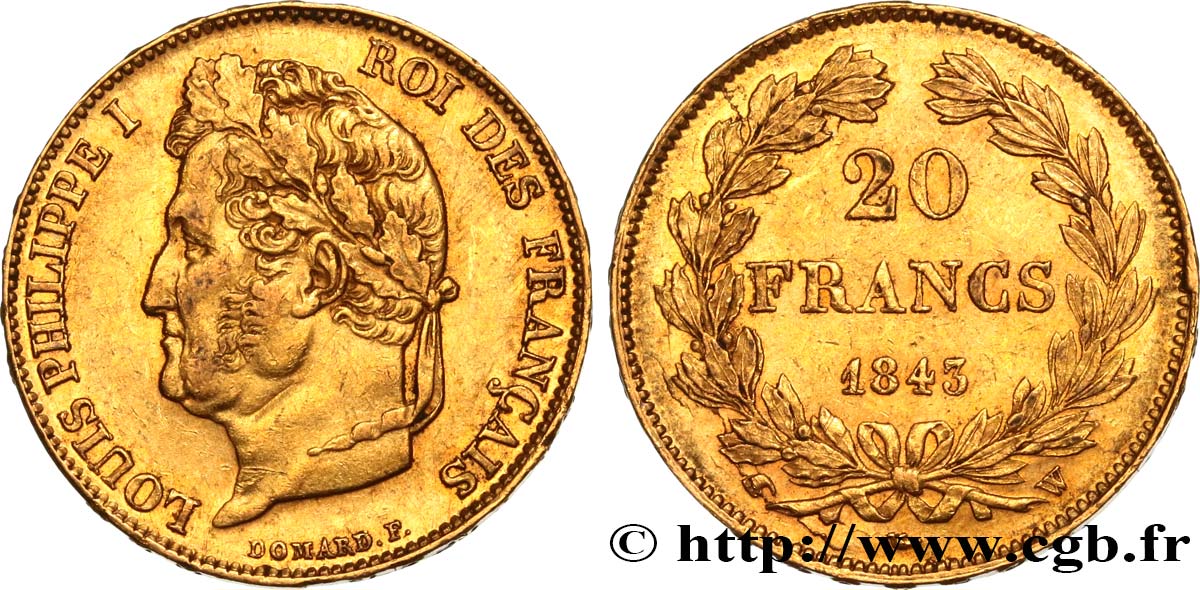 20 francs Louis-Philippe, Domard 1843 Lille F.527/30 XF48 