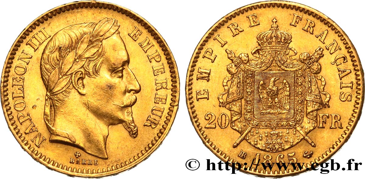 20 francs or Napoléon III, tête laurée 1865 Strasbourg F.532/12 TTB52 