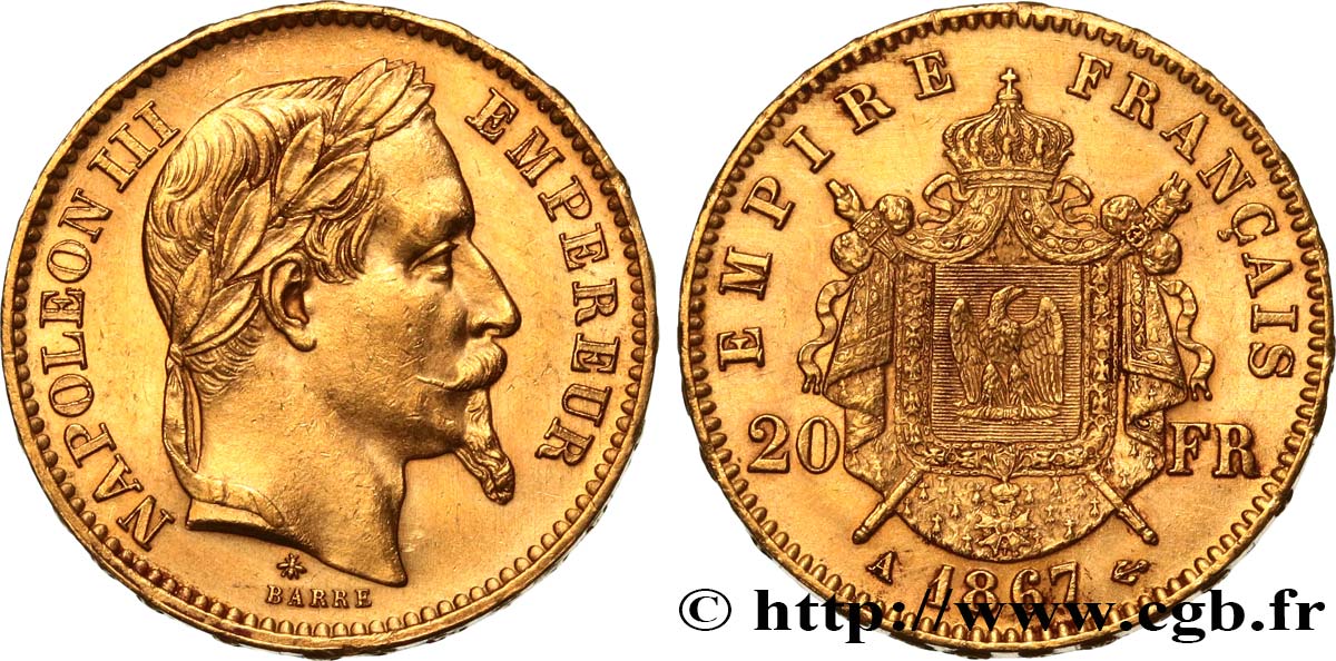 20 francs or Napoléon III, tête laurée 1867 Paris F.532/15 BB50 